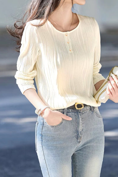 French Fashion Textured Long-Sleeve T-Shirt