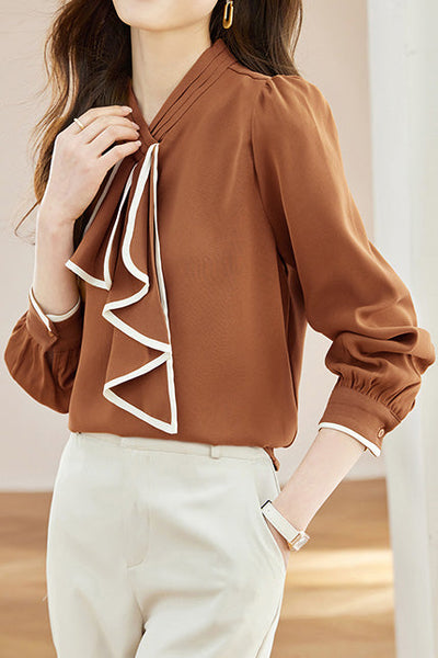 French Scarf-Accent Long-Sleeve Blouse