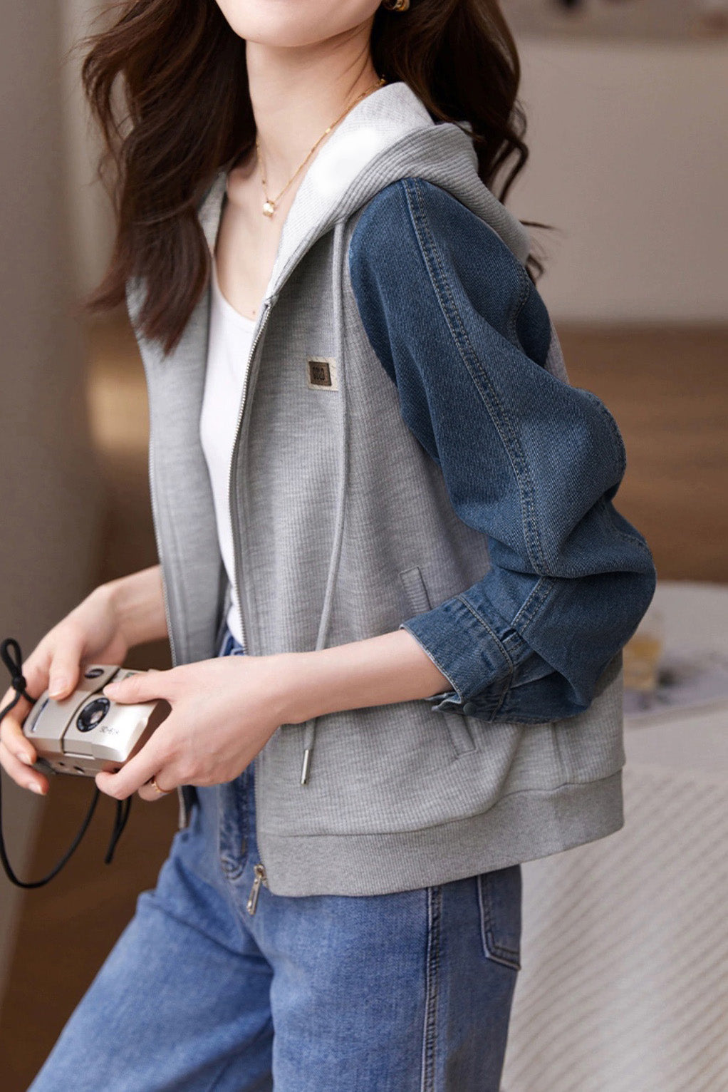 Hooded Zip-Up Denim Contrast Jacket