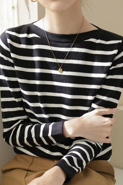 Unique Black and White Striped Long-Sleeve Knit Top