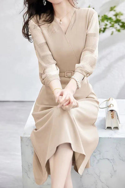 Mixed Material Sheer Check Contrast Crossover Belt Long Dress - 2 Colors Available