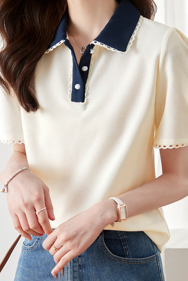 Polo Collar Lace Decor Tuck Sleeve Shirt