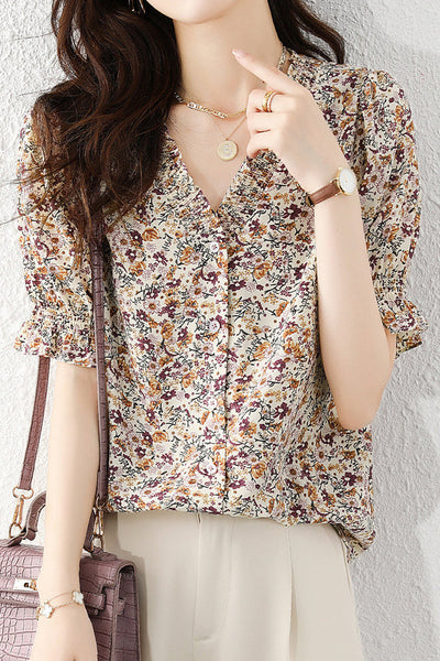 V-Neck Shirring Hem Floral Blouse