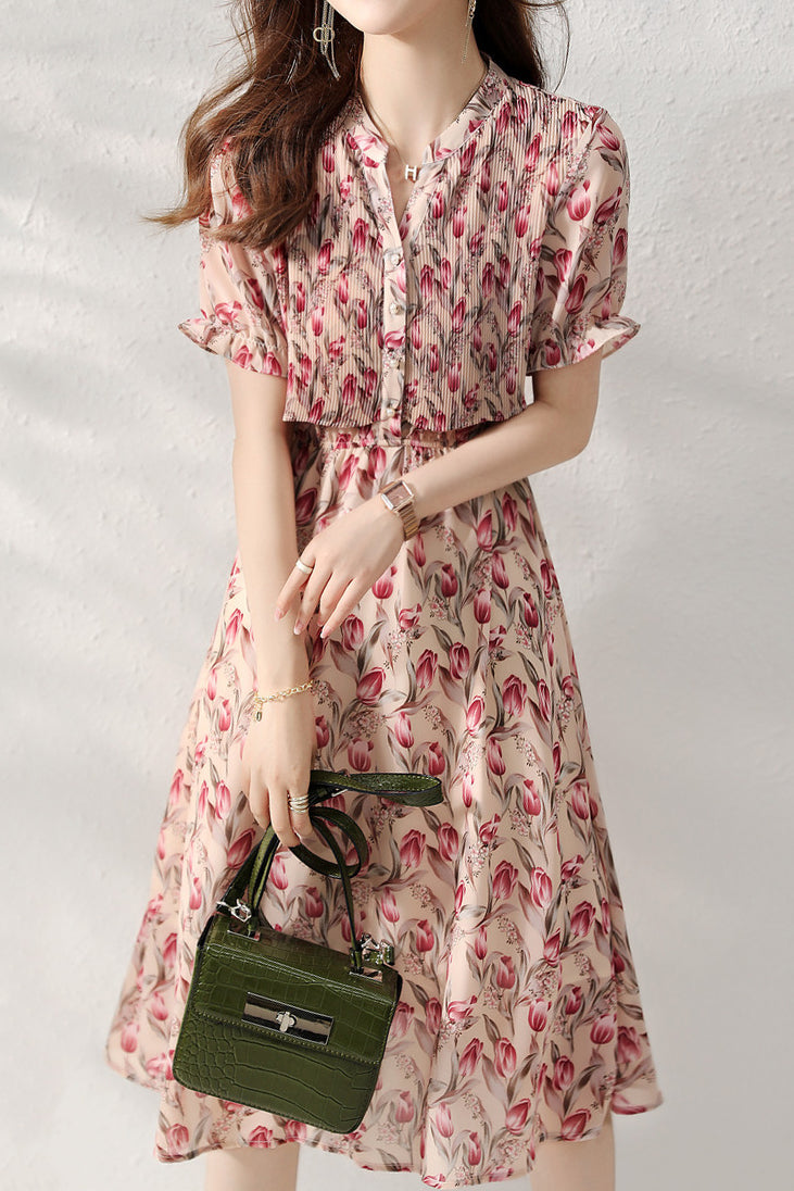 Pleated Docking Chiffon Dress with Lining