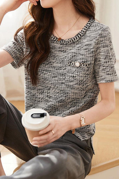 Elegant Round Neck Tweed T-shirt