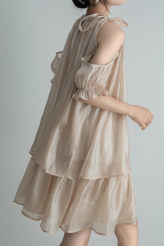 [Restock] Band Collar Shoulder-Baring Tiered Dress with Lining