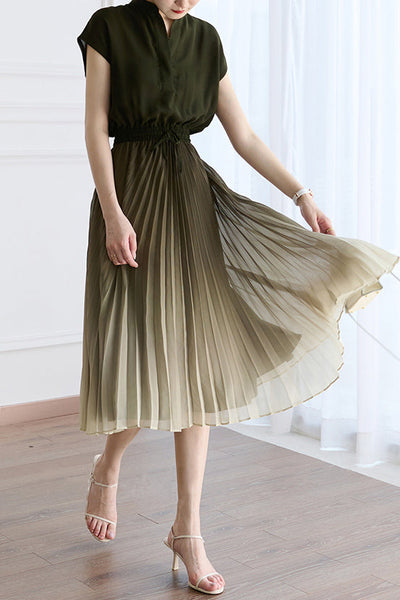 Key Neck Ombre Pleated Dress with Lining