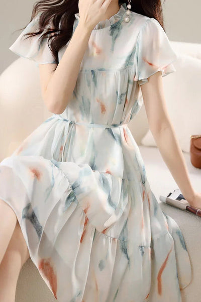 Ruffled Collar Flare Sleeve Tiered Dress with Lining