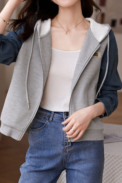 Hooded Zip-Up Denim Contrast Jacket