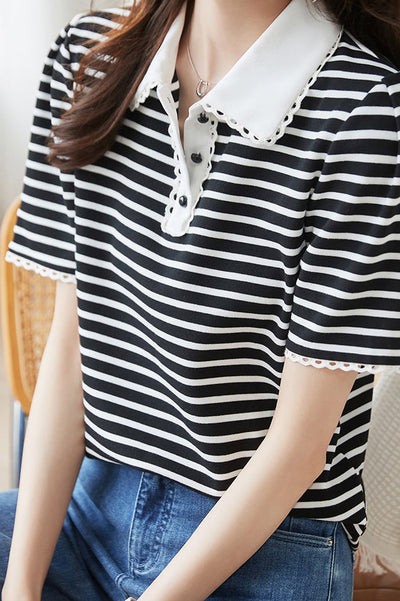 Polo Collar Lace Decor Tuck Sleeve Shirt