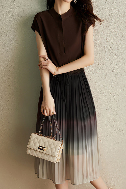 Key Neck Ombre Pleated Dress with Lining - 3 Colors Available