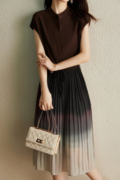 Key Neck Ombre Pleated Dress with Lining - 3 Colors Available