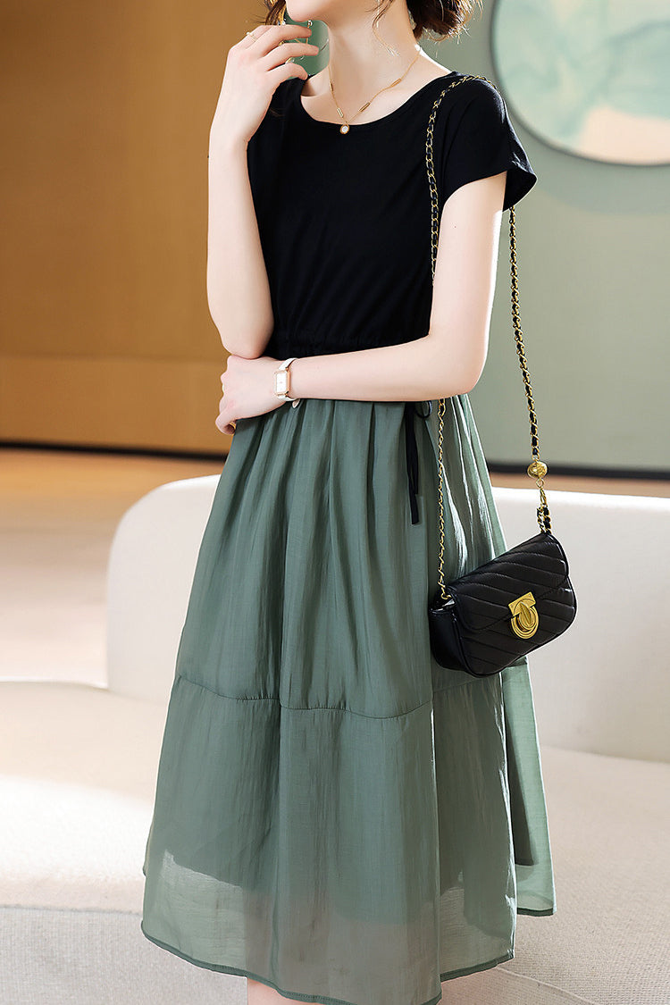 Round Neck Docking Prairie Dress with Lining