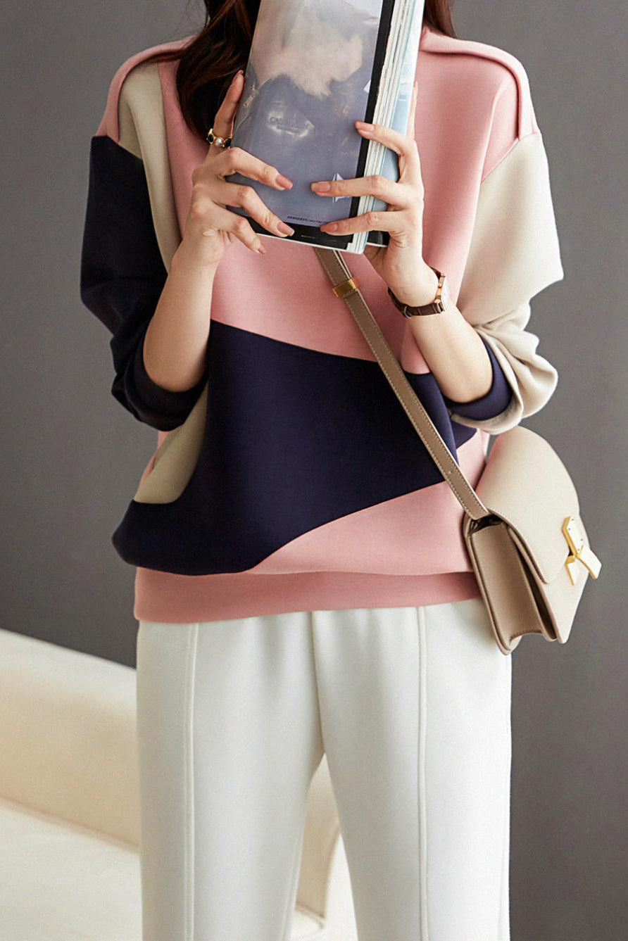 Round Neck Drop Shoulder Bi-Color Sweatshirt