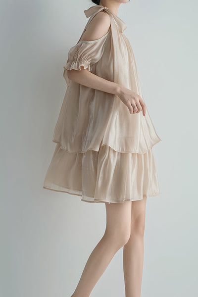 [Restock] Band Collar Shoulder-Baring Tiered Dress with Lining