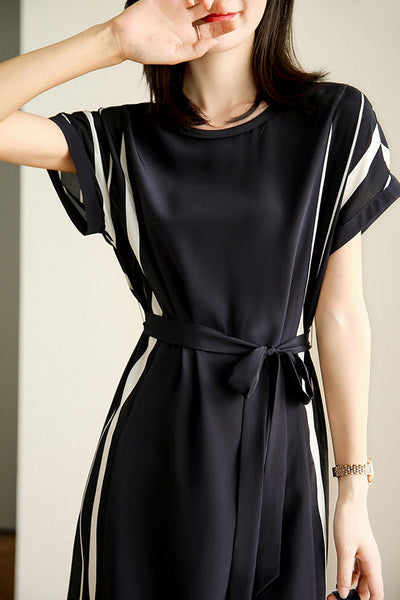 Elegant Side Stripe Belted Dress