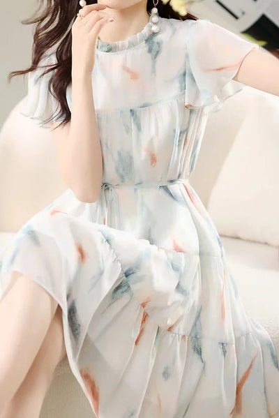 Ruffled Collar Flare Sleeve Tiered Dress with Lining