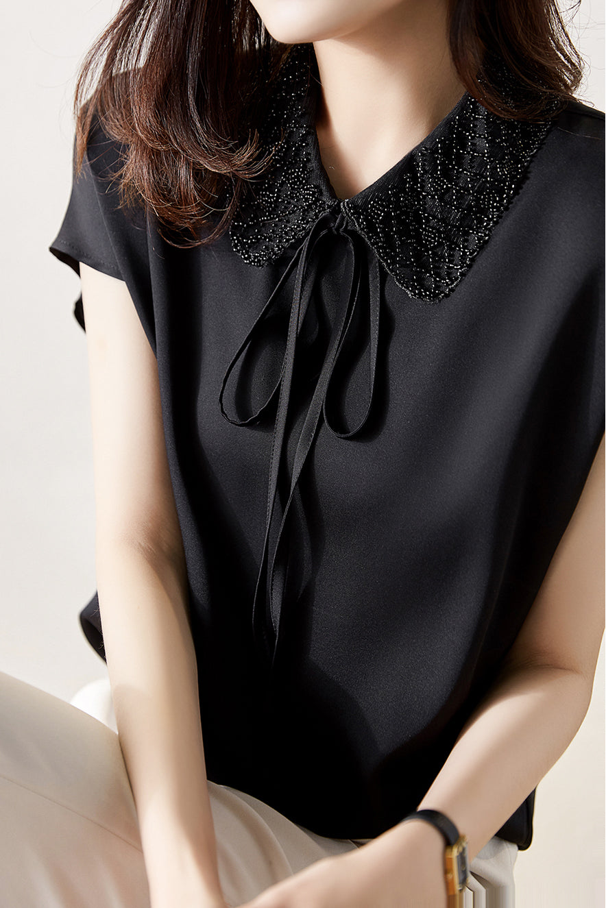 Double Flat Collar Ribbon Tie Blouse - 2 Colors Available