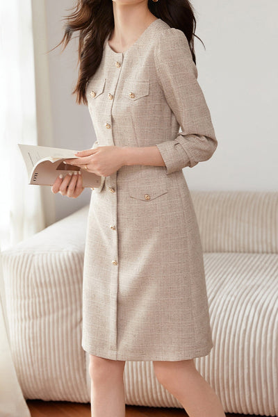 Elegant No-Collar Button Decor Dress with Lining