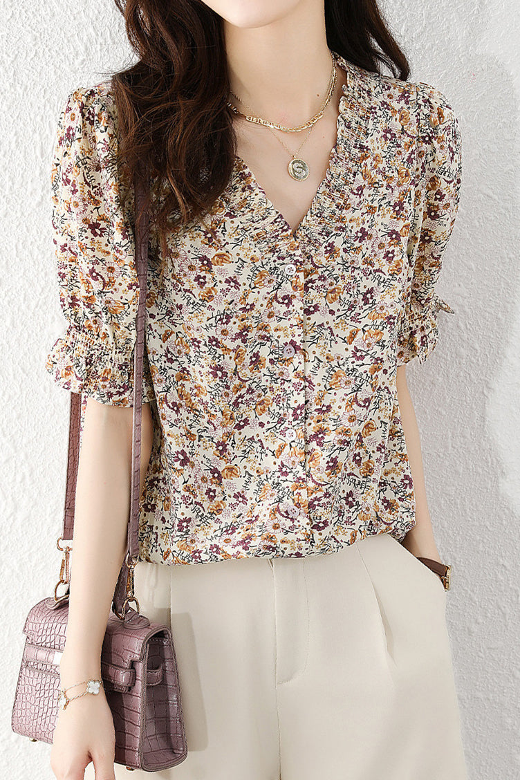 V-Neck Shirring Hem Floral Blouse