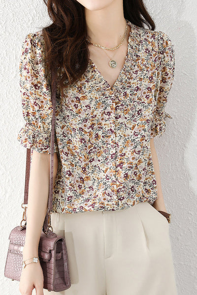 V-Neck Shirring Hem Floral Blouse