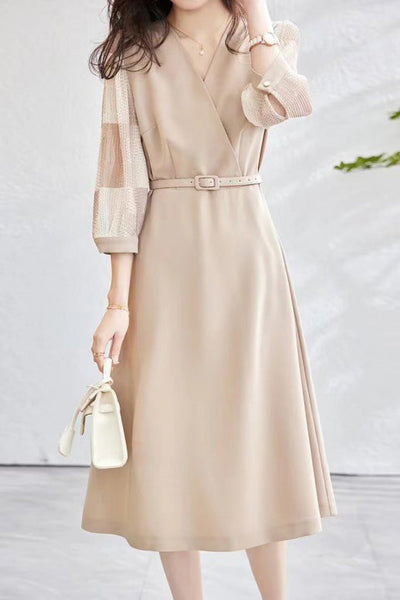 Mixed Material Sheer Check Contrast Crossover Belt Long Dress - 2 Colors Available