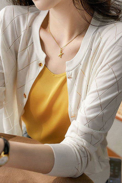 Round Neck Open Knit Check Pattern Cardigan - 3 Colors Available