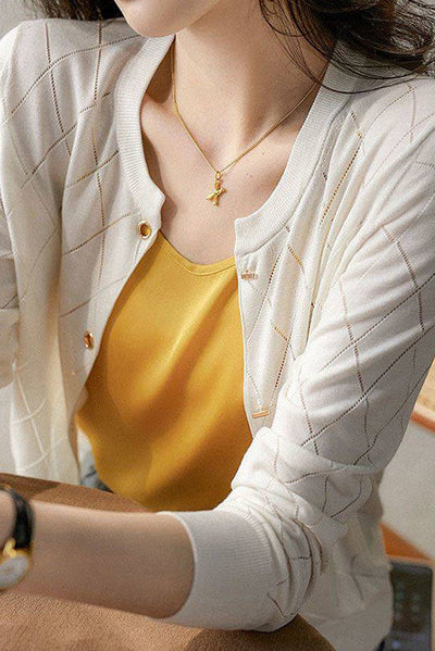 Round Neck Open Knit Check Pattern Cardigan - 3 Colors Available