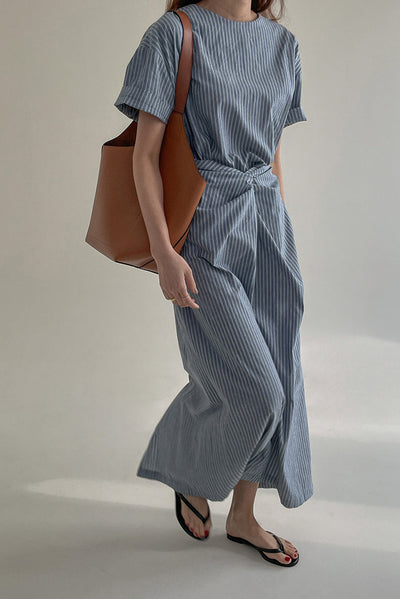 Cross Belt Back Slit Long Stripe Dress