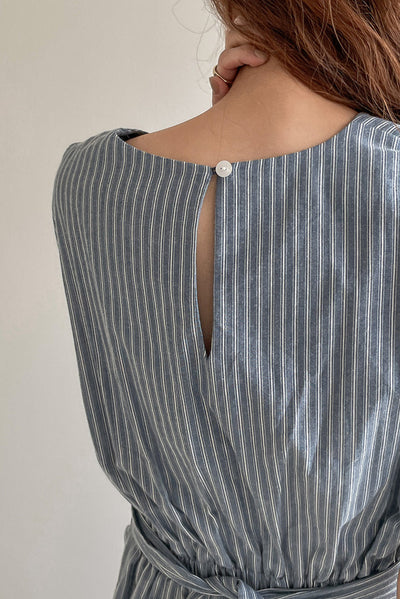 Cross Belt Back Slit Long Stripe Dress