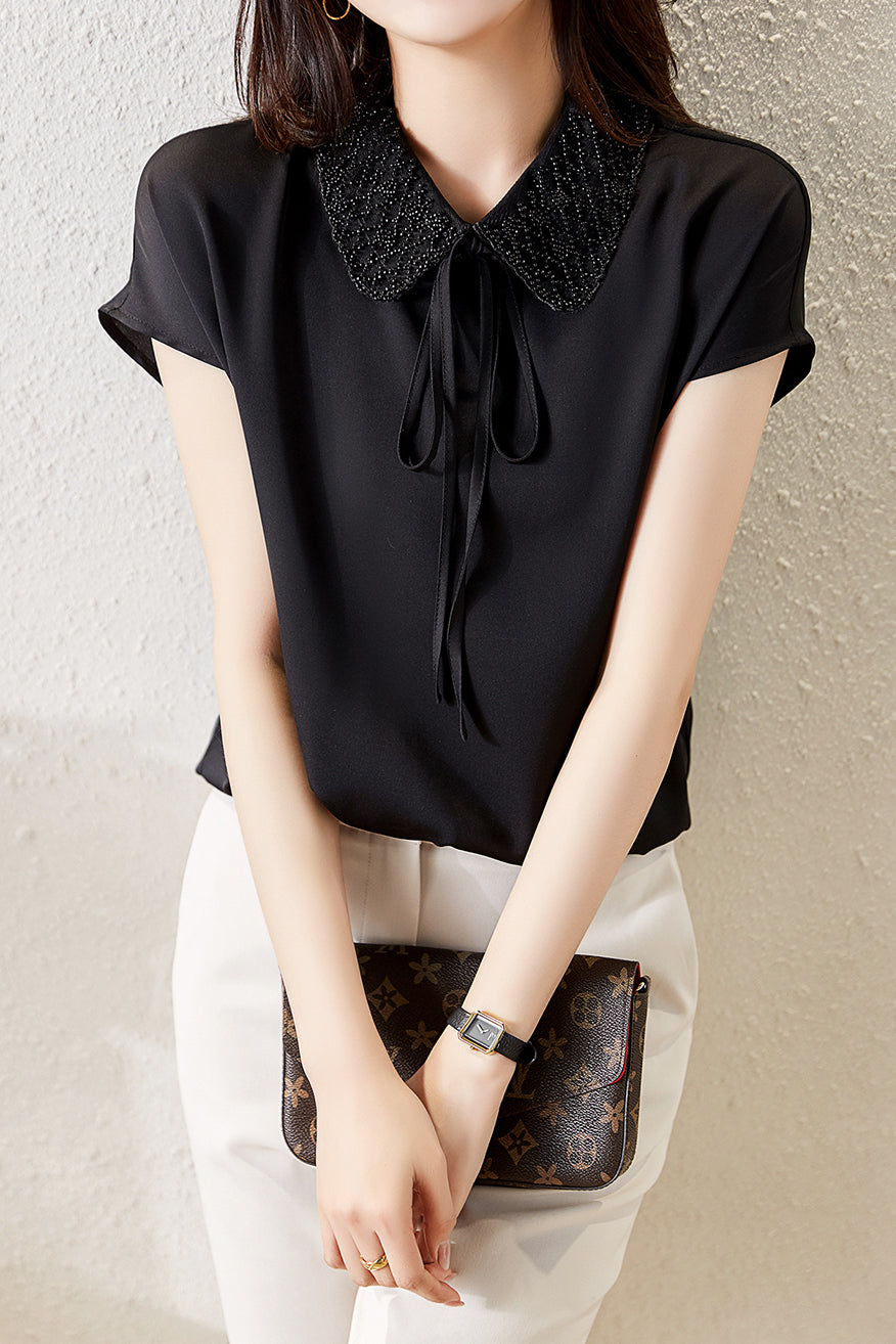 Double Flat Collar Ribbon Tie Blouse - 2 Colors Available