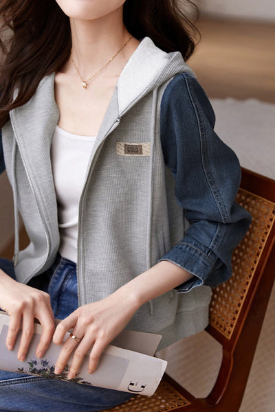 Hooded Zip-Up Denim Contrast Jacket