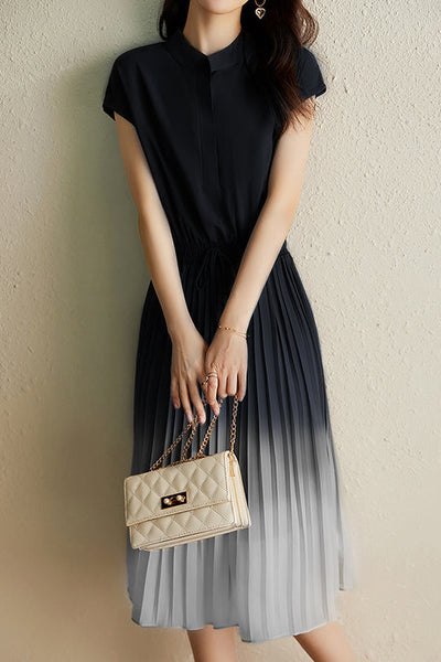 Key Neck Ombre Pleated Dress with Lining - 3 Colors Available