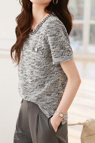 Elegant Round Neck Tweed T-shirt