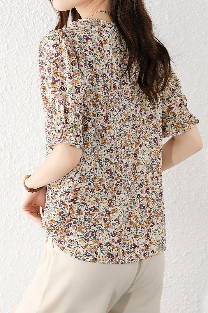 V-Neck Shirring Hem Floral Blouse