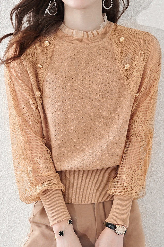 Button Decor Flower Tulle Sleeve Knit Top - 3 Colors Available