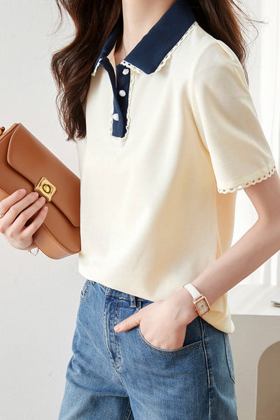 Polo Collar Lace Decor Tuck Sleeve Shirt