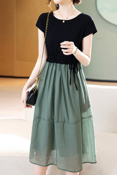 Round Neck Docking Prairie Dress with Lining