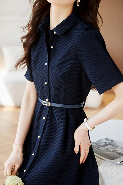 Shirt Collar Belted Waffle Dress
