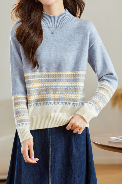 Slouchy Half-High Neck Color-Block Knit Top