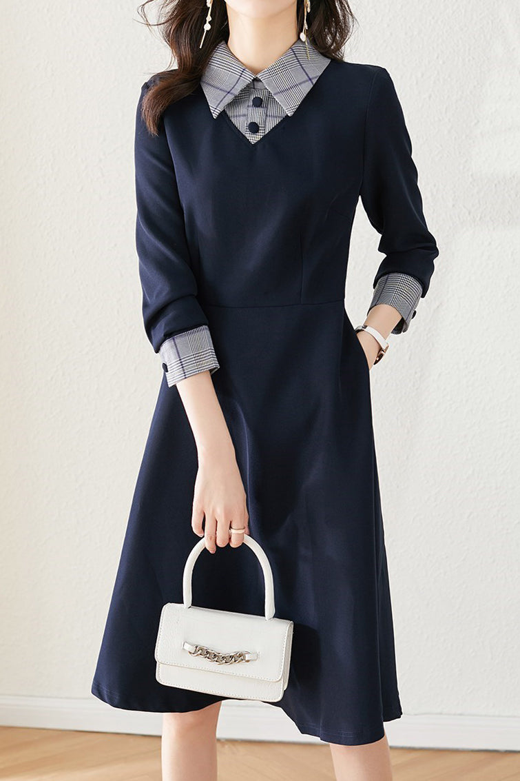 Mixed Material Shirt Collar Check Contrast Flare Dress