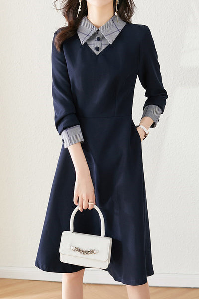 Mixed Material Shirt Collar Check Contrast Flare Dress