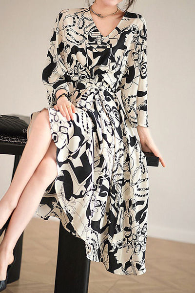 Stylish Printed Waist-Cinched Dress