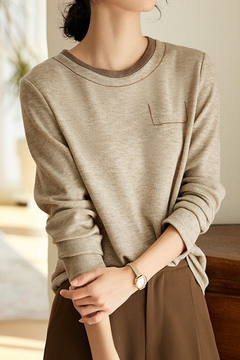 Casual Minimalist Color-Block Long-Sleeve T-Shirt