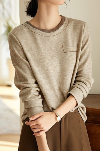 Casual Minimalist Color-Block Long-Sleeve T-Shirt