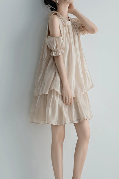 [Restock] Band Collar Shoulder-Baring Tiered Dress with Lining