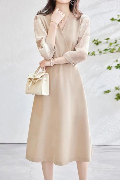 Mixed Material Sheer Check Contrast Crossover Belt Long Dress - 2 Colors Available