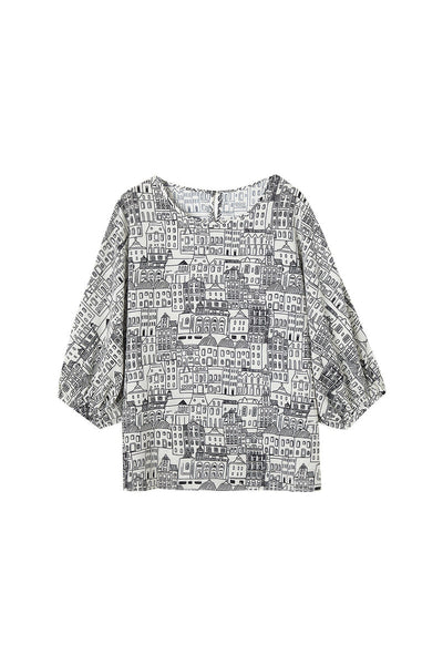 Round Neck Illustrated Print Short Sleeve Blouse