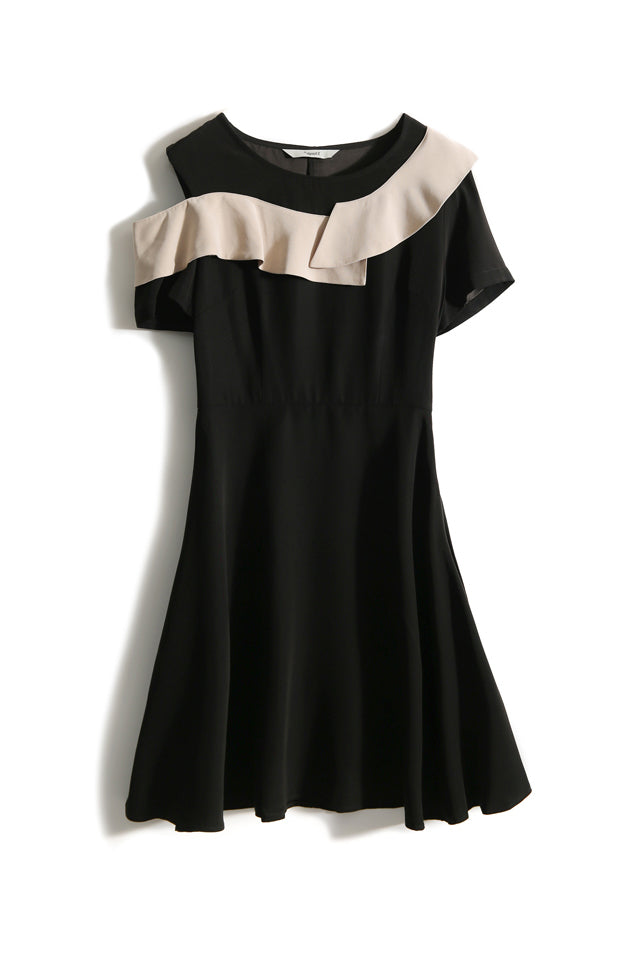 Asymmetrical Open Shoulder Frill Contrast Dress