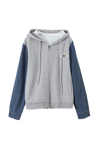 Hooded Zip-Up Denim Contrast Jacket
